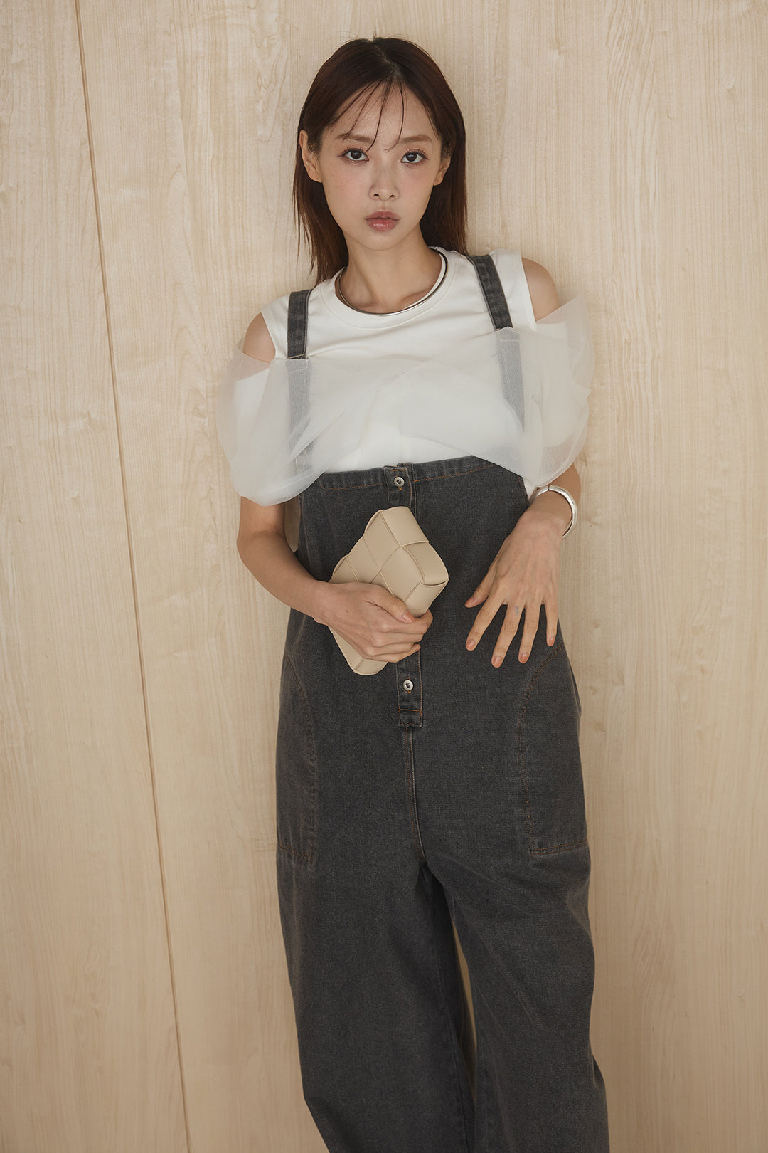 [SET]シアーレイヤーデザインカットソー+フロントボタンデニムサロペット(2set)