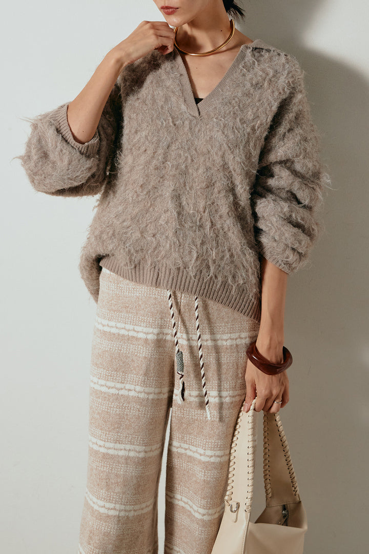 [SET]襟付きシャギーニットポロトップス+マルチライン柄リラックスニットパンツ(2set)