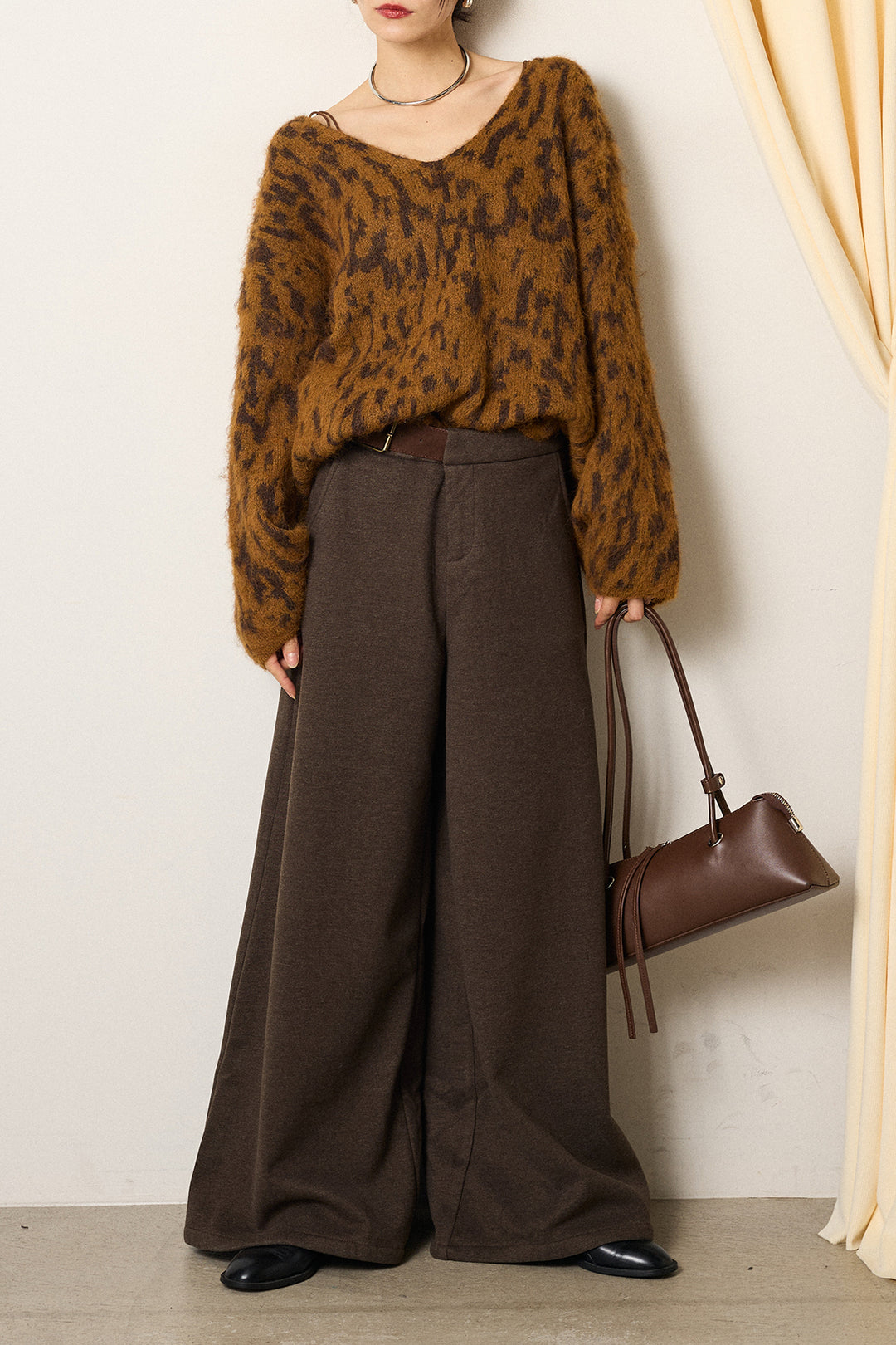 [SET]フラッフィーレオパードシャギーニット+サイドベルトパンツ(2set)