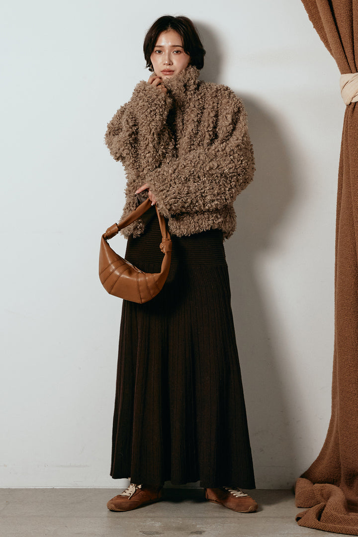 [SET]プードルファーミドルジャケット+編み地切り替えフレアニットスカート(2set)
