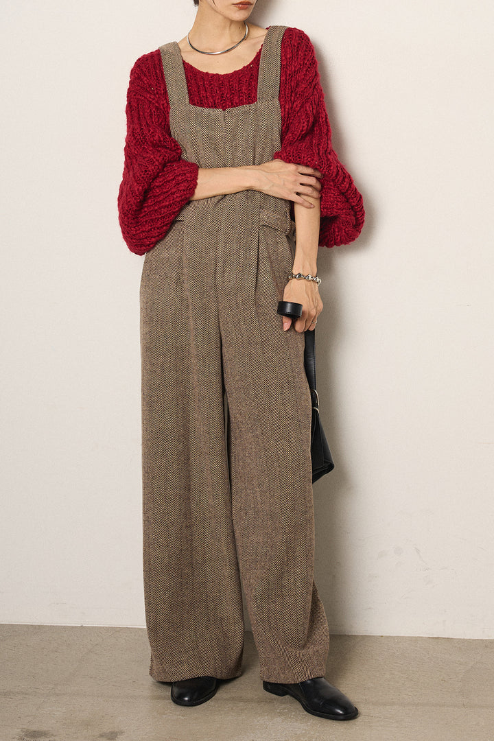 [SET]チャンキースラブニットクロップドプルオーバー+クラシックヘリンボーンサロペット(2set)