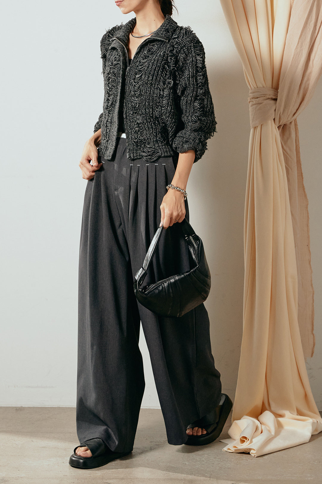 [SET]ハイネックフリンジジップニットトップス+ウエストステッチデザインワイドスラックス(2set)
