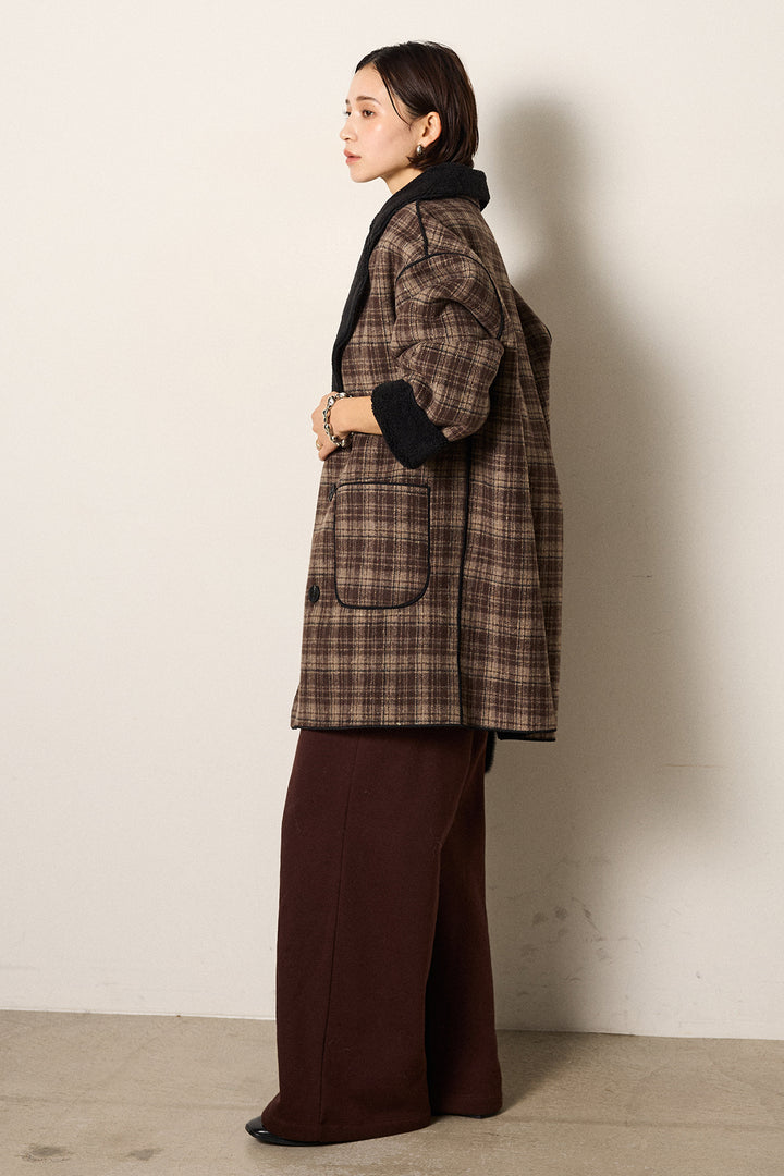 [SET]裏地ボアタータンチェック柄ミディアムコート+裏起毛スウェットワイドパンツ(2set)
