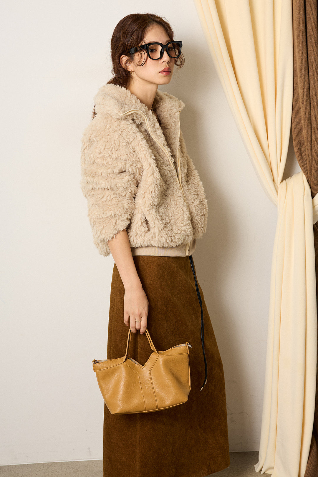 [SET]スタンドカラー裾リブボアブルゾン+ロープベルト付きスウェード調スカート(2set)