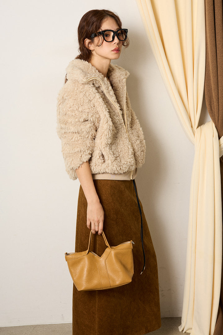 [SET]スタンドカラー裾リブボアブルゾン+ロープベルト付きスウェード調スカート(2set)