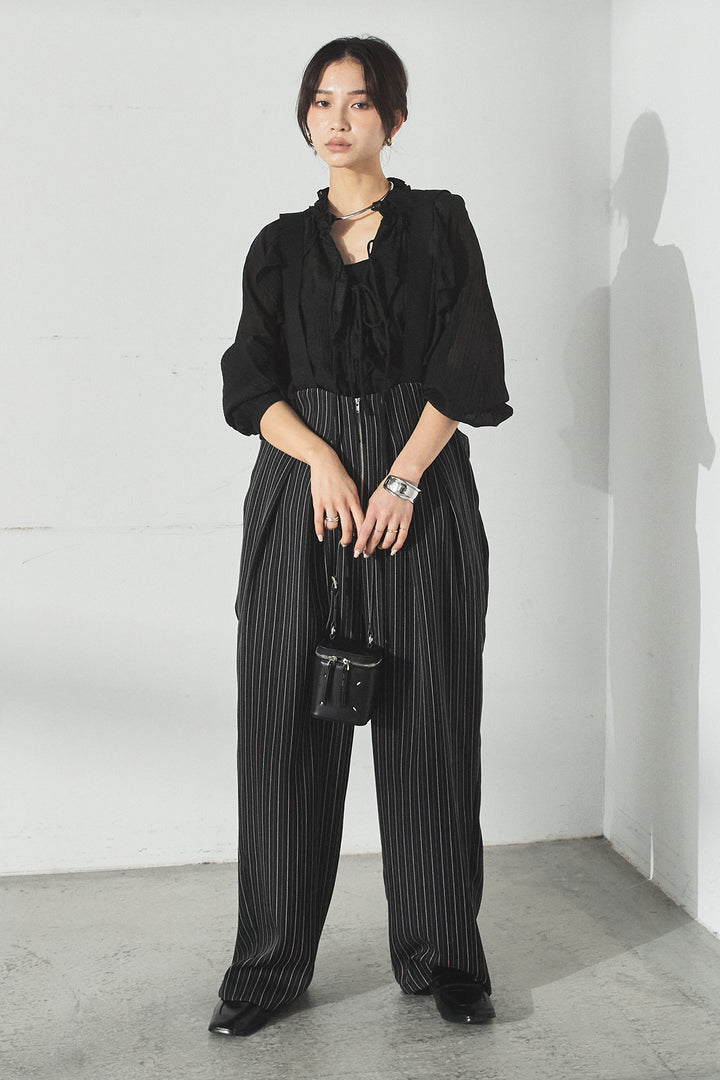 [SET]フロントリボンフリルブラウス+ピンストライプツータックサロペット(2set)