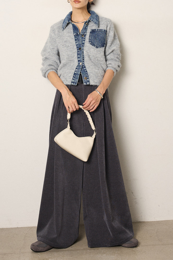 [SET]襟付きデニム切替ニットカーディガン+ベルトループコーデュロイワイドパンツ(2set)