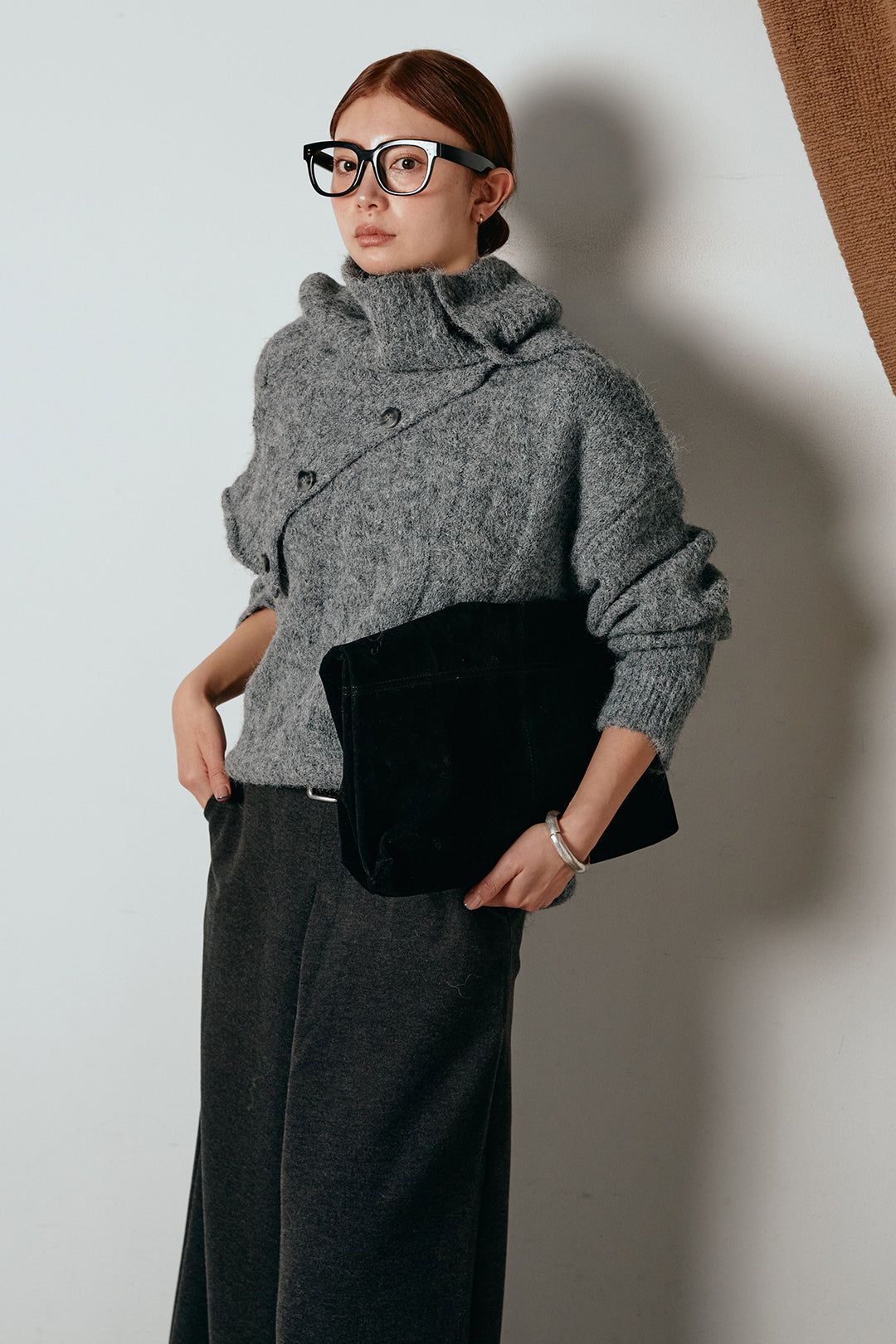 [SET]ケープデザインケーブルニットトップス+ベルト付きフロントタックデザインパンツ(2set)