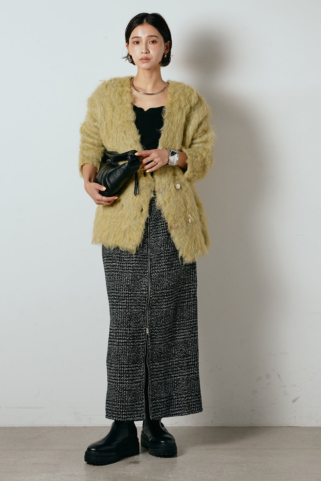 [SET]ウェーブシャギーニットジャケット+グレンチェック柄フロントジップタイトスカート(2set)