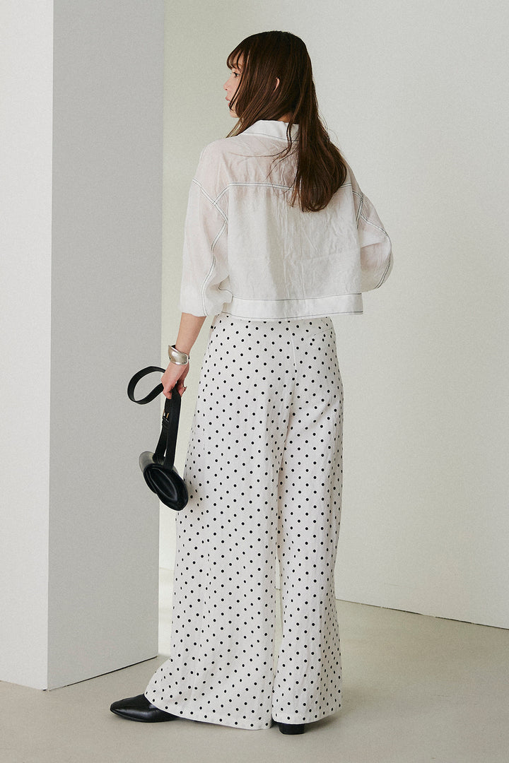 [SET]配色ステッチシアーシャツ+ベルト付きドット柄ワイドパンツ(2set)