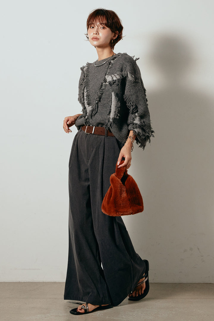 [SET]シャギージャガードニットトップス+太ベルト付きコーデュロイタックパンツ(2set)