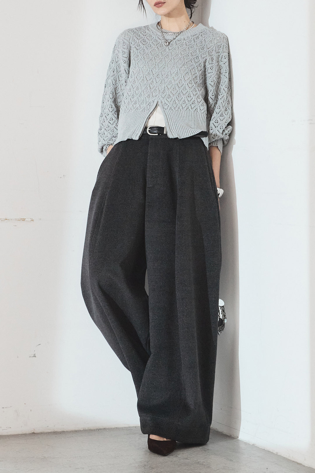 [SET]透かし編みニットジップスリットプルオーバー+ウールタッチカーブワイドパンツ(2set)