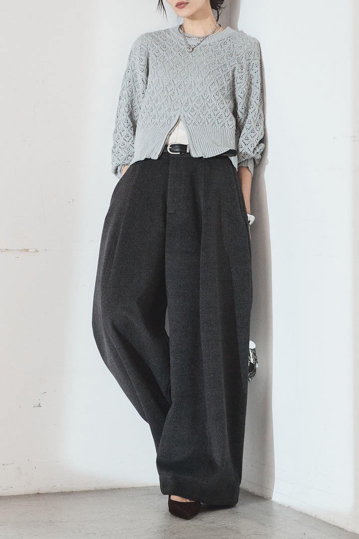 [SET]透かし編みニットジップスリットプルオーバー+ウールタッチカーブワイドパンツ(2set)