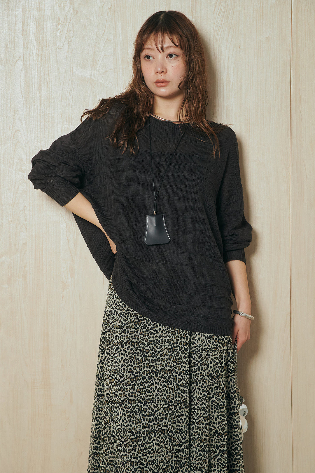 [SET]麻混リラックスニットトップス+リラックスレオパードロングスカート(2set)