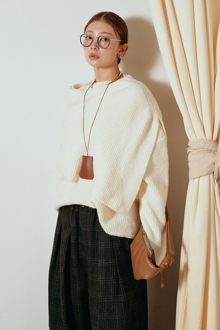 [SET]ケープデザインリブニットトップス+タータンチェック柄タックパンツ(2set)