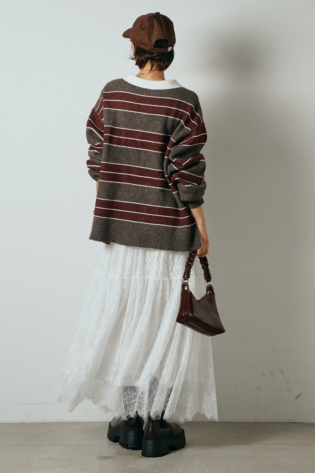 [SET]ラガーニットボーダーポロプルオーバー+ひげレース切替ロング丈スカート(2set)