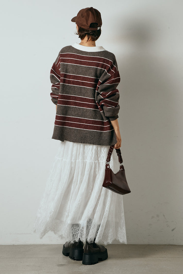 [SET]ラガーニットボーダーポロプルオーバー+ひげレース切替ロング丈スカート(2set)