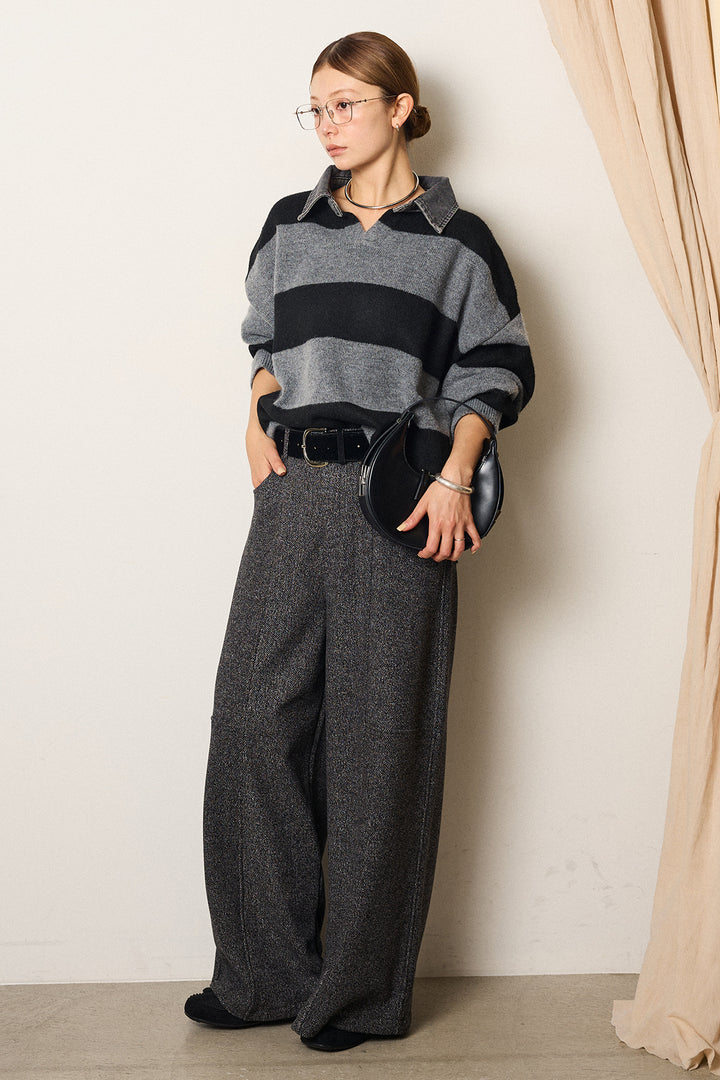 [SET]デニムカラーボーダールーズニット+太ベルト付きツイードワイドパンツ(2set)