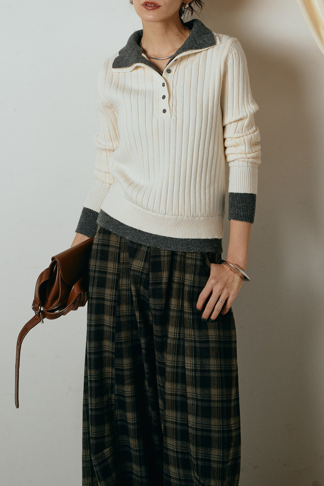 [SET]レイヤード風リブニットトップス+ベルト付きタータンチェックカーブワイドパンツ(2set)