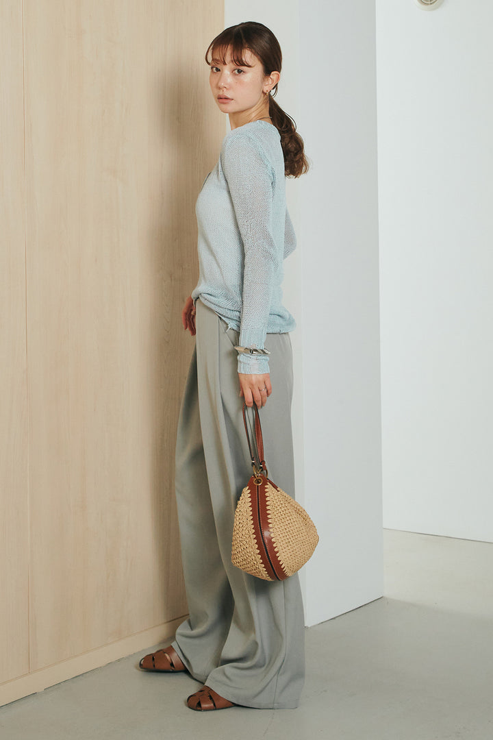 [SET]ヘンリーネックダメージニットプルオーバー+ビックベルトループタックベルト付きワイドパンツ(2set)