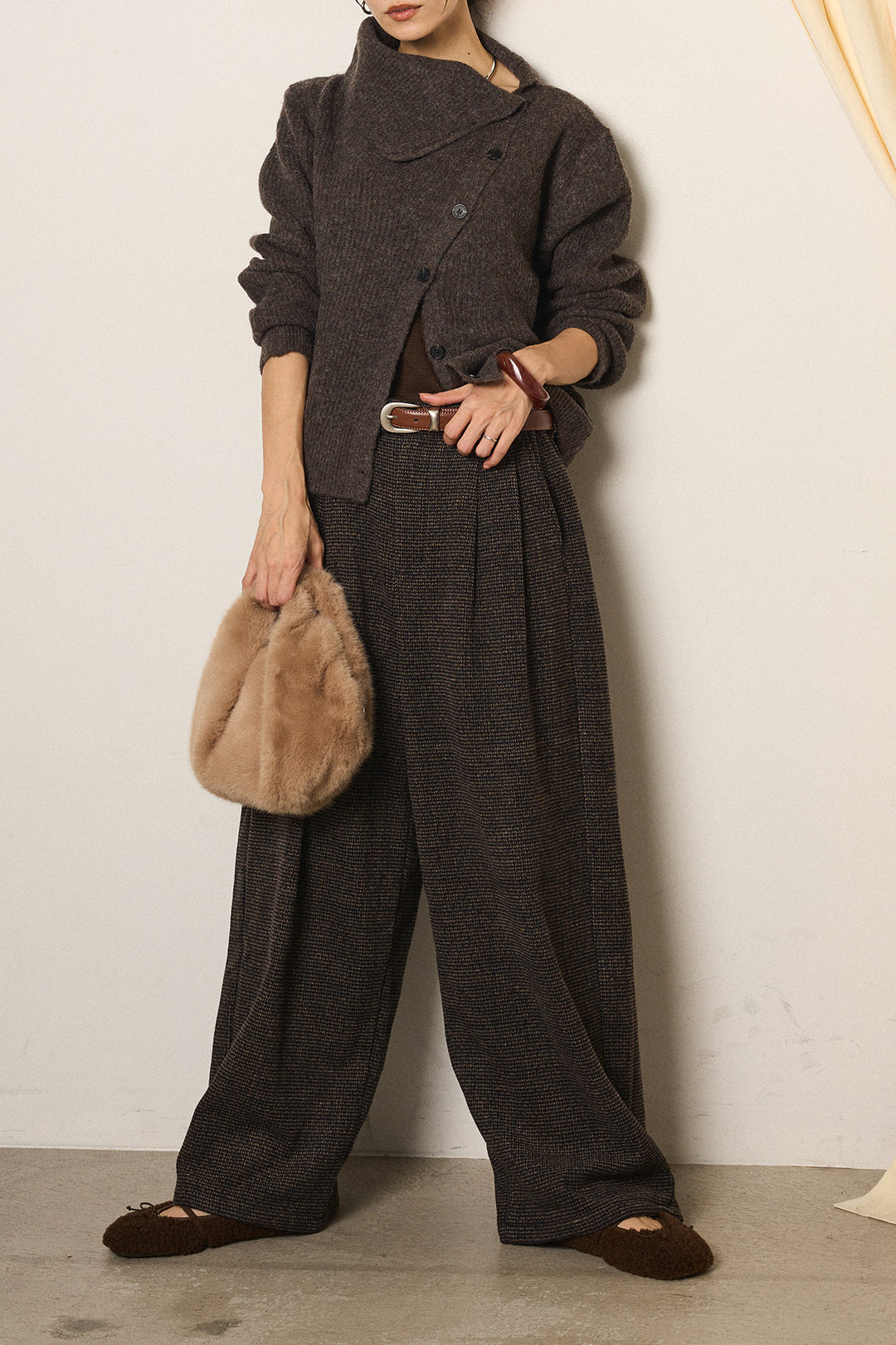 [SET]ボタンデザインネックニットプルオーバー+起毛タック入りツイードワイドパンツ(2set)