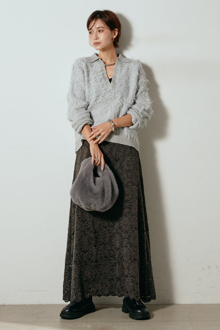 [SET]襟付きシャギーニットポロトップス+花柄刺繍ベロアフレアスカート(2set)