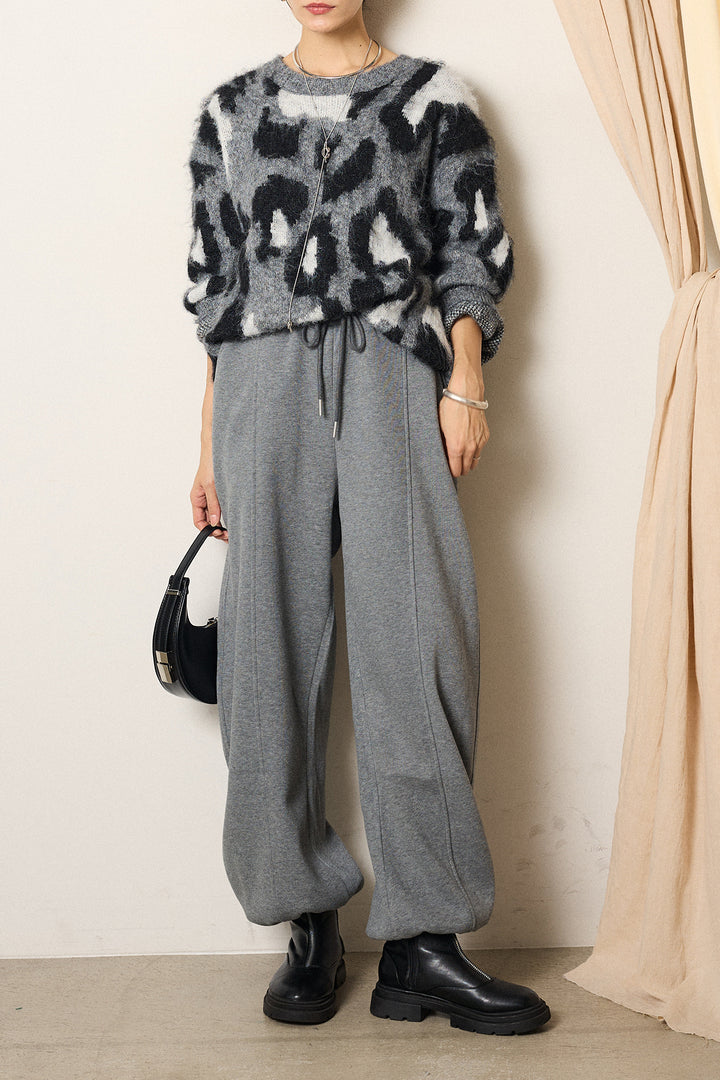 [SET]ルーズアニマルモヘアニットトップス+スウェットワイドカーブパンツ(2set)