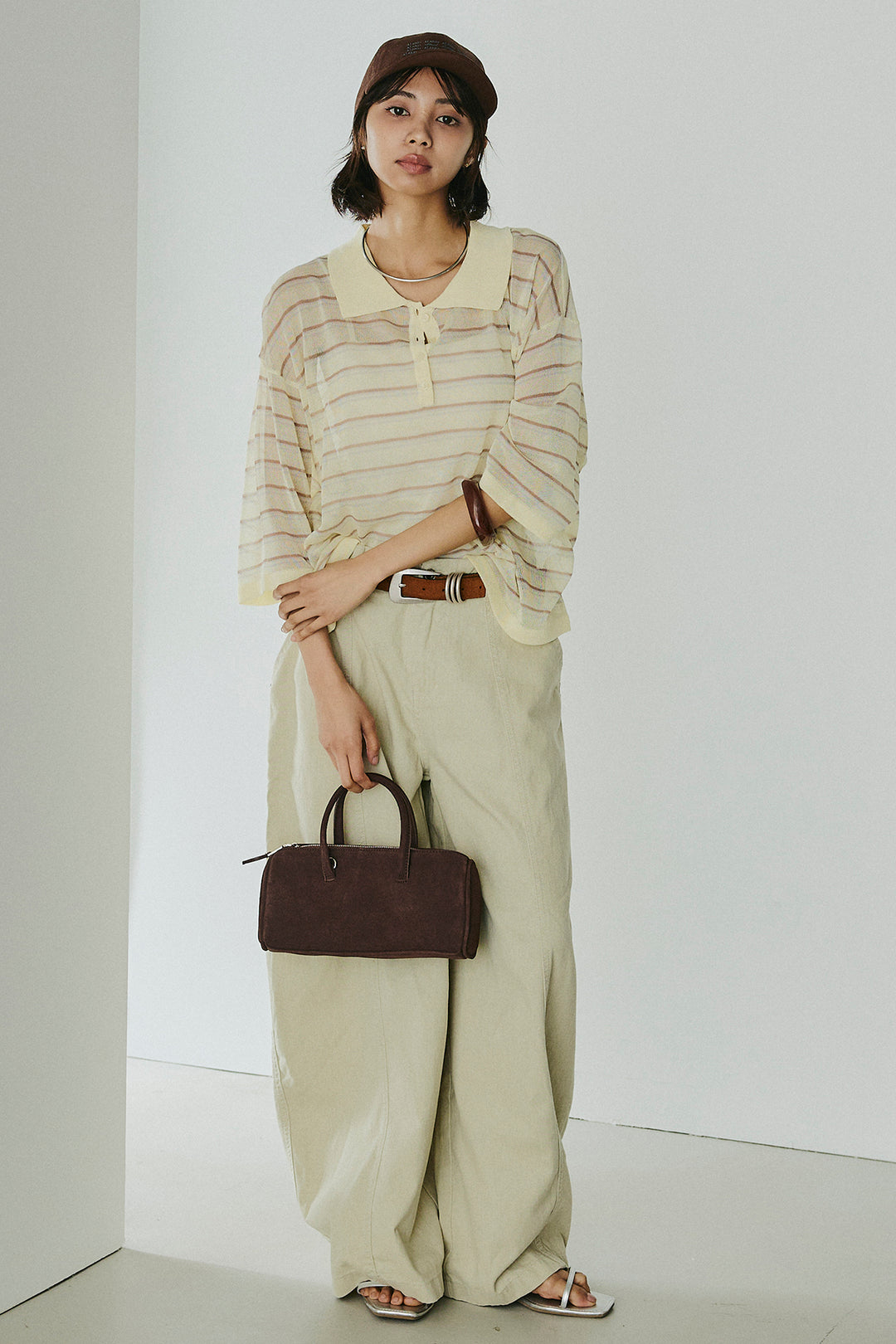 [SET]ボーダーニットポロシャツ+サイドベルトカーブワイドパンツ(2set)