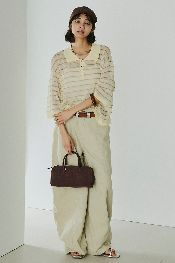 [SET]ボーダーニットポロシャツ+サイドベルトカーブワイドパンツ(2set)