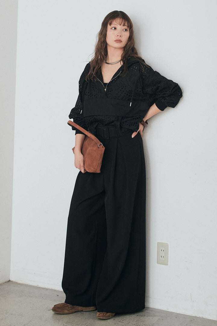 [SET]レースハーフジップアップフーディー+ベルト付きツータックワイドパンツ(2set)