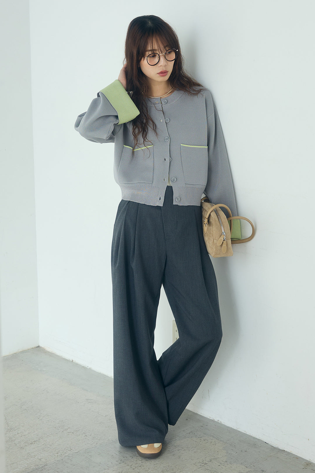 [SET]レーヨンポリダブルフェイスカーディガン+サイドベルトタック入りスラックス(2set)