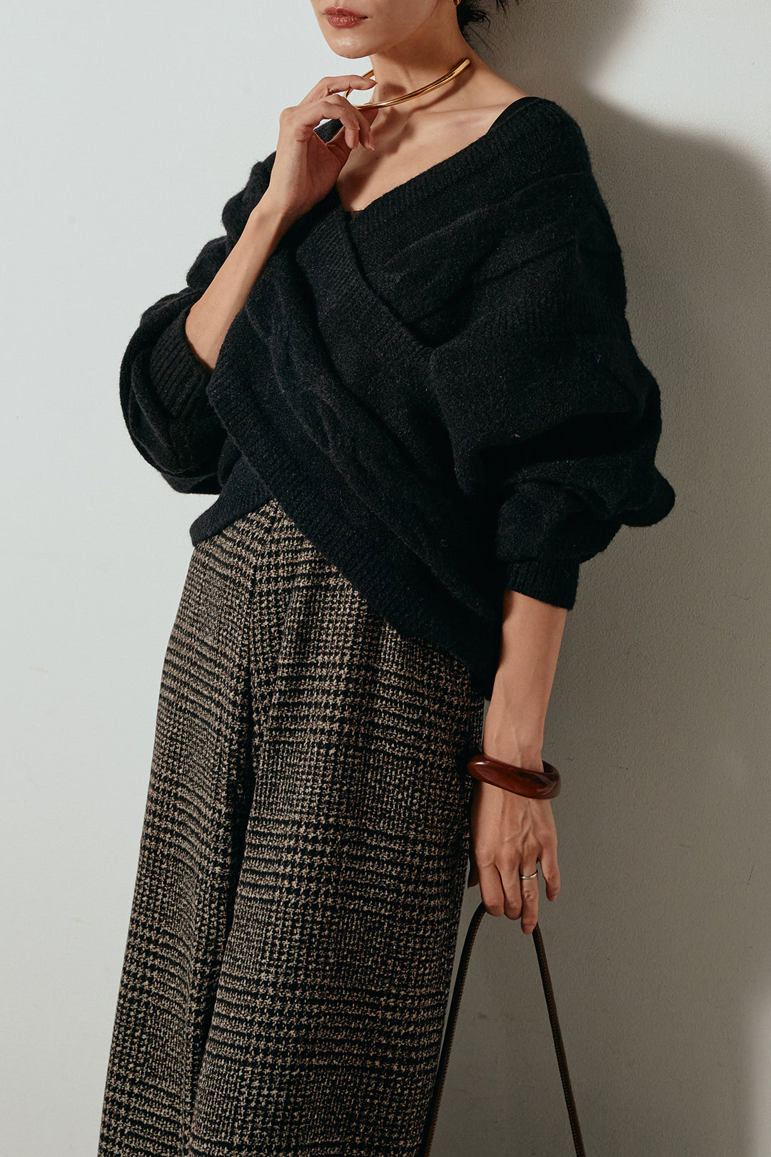 [SET]ケーブルカシュクールニットトップス+前後2wayグレンチェック柄スカーチョサロペット(2set)