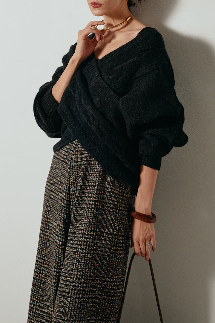 [SET]ケーブルカシュクールニットトップス+前後2wayグレンチェック柄スカーチョサロペット(2set)