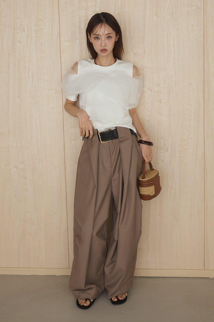 [SET]シアーレイヤーデザインカットソー+ベルトループワイドパンツ(2set)