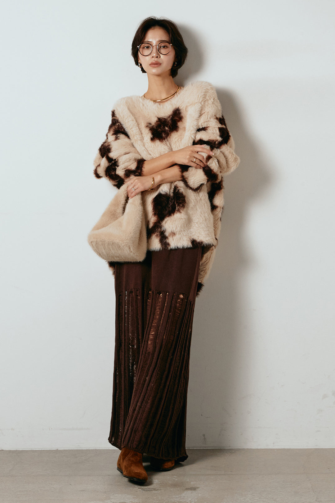 [SET]タイダイ柄シャギーニットトップス+裾シアーリブスカート(2set)