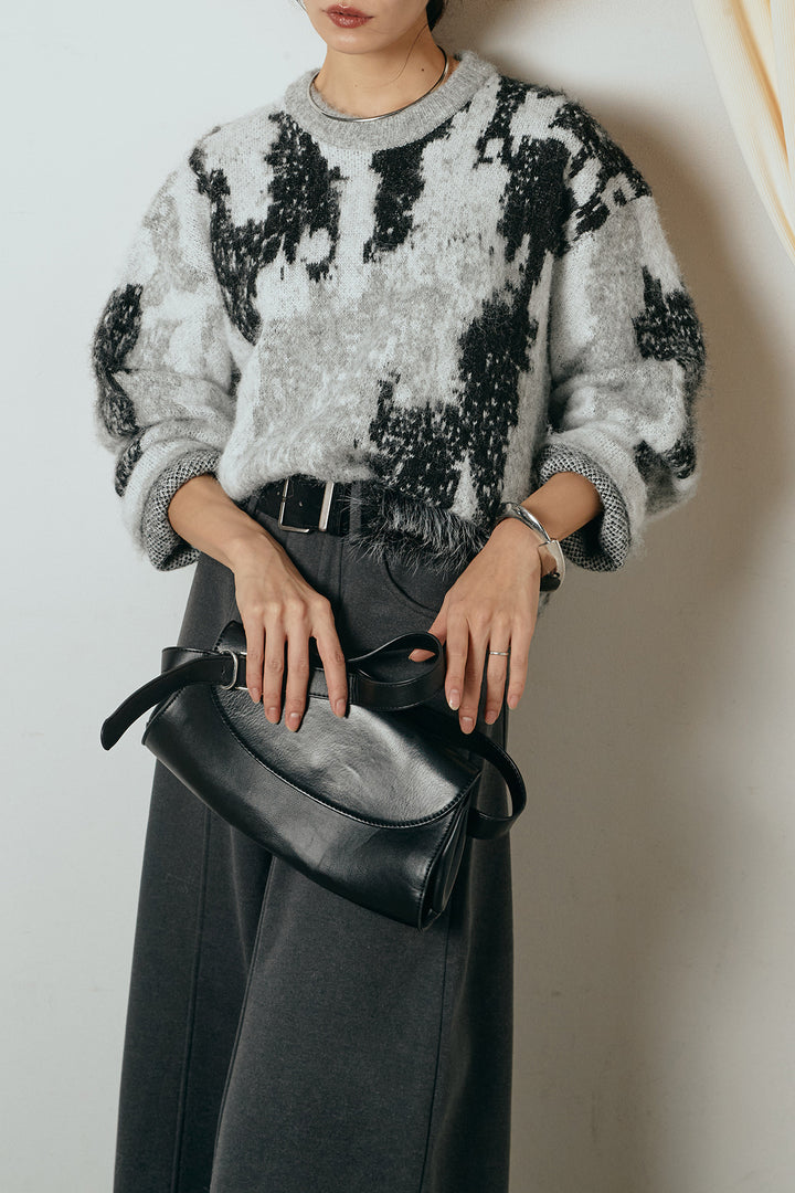 [SET]起毛ニュアンス柄ニットプルオーバー+ファーベルト付きワイドパンツ(2set)