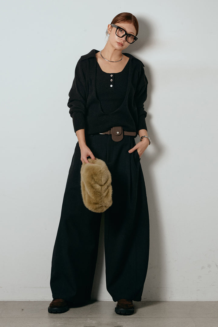 [SET]襟付きレイヤードニットトップス+ポーチベルト付きカーブパンツ(2set)