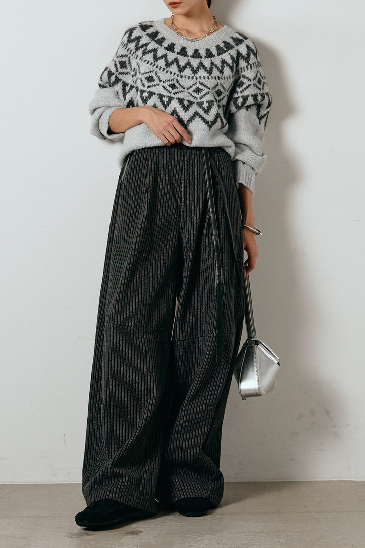 [SET]ノルディック柄Uネックプルオーバー+レザーライク配色ストライプパンツ(2set)