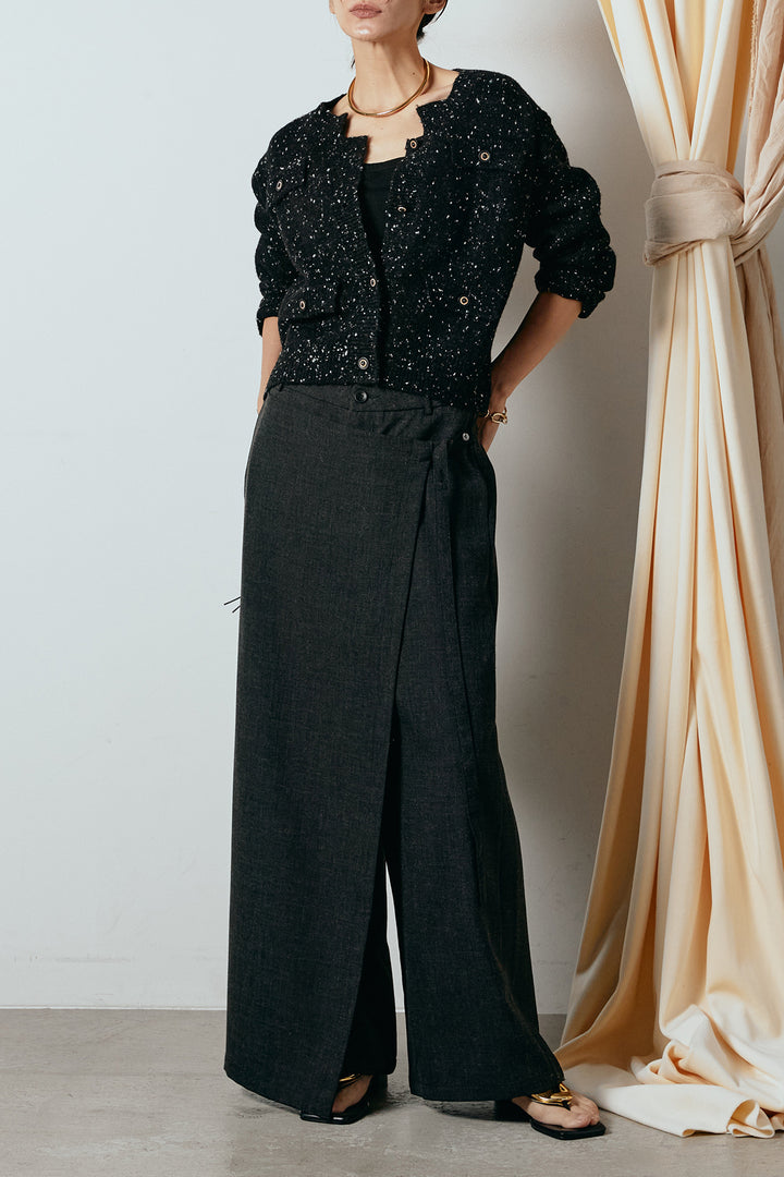 [SET]ネップニットカーディガン+ラップ巻きワイドスラックス(2set)