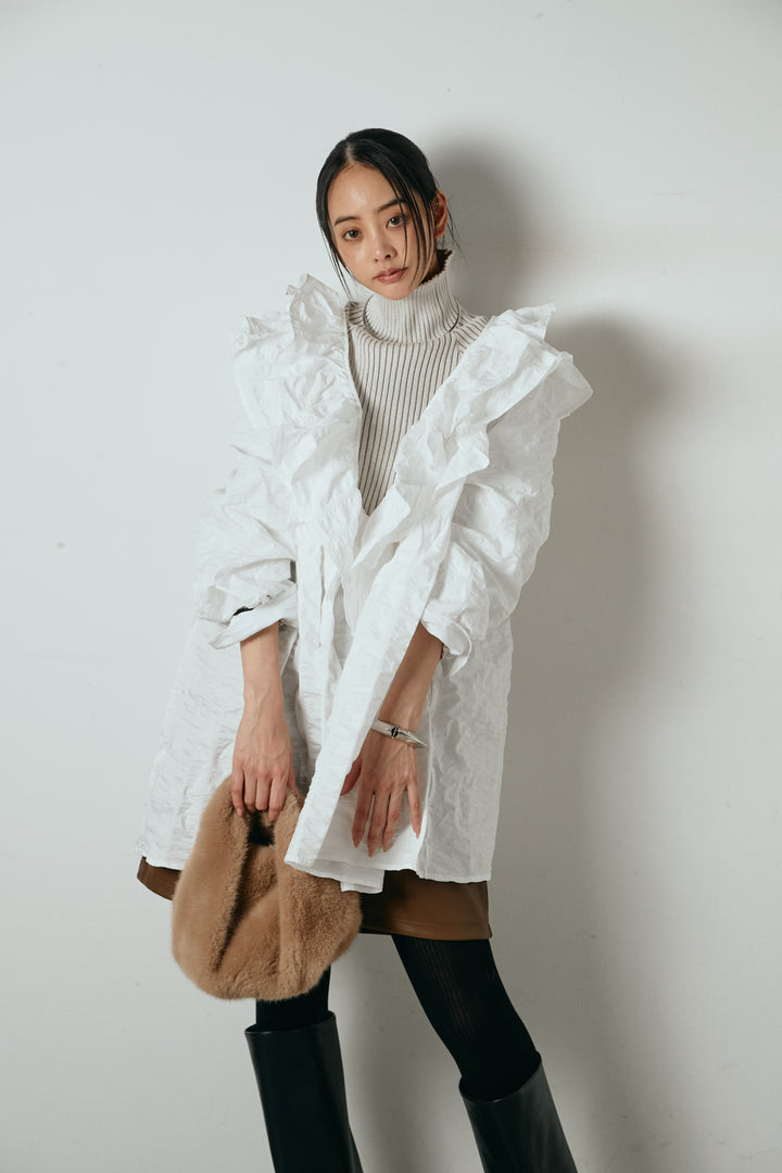 [SET]Vネックフリルカラーブラウス+リブニットシームレスタートルプルオーバー(2set)