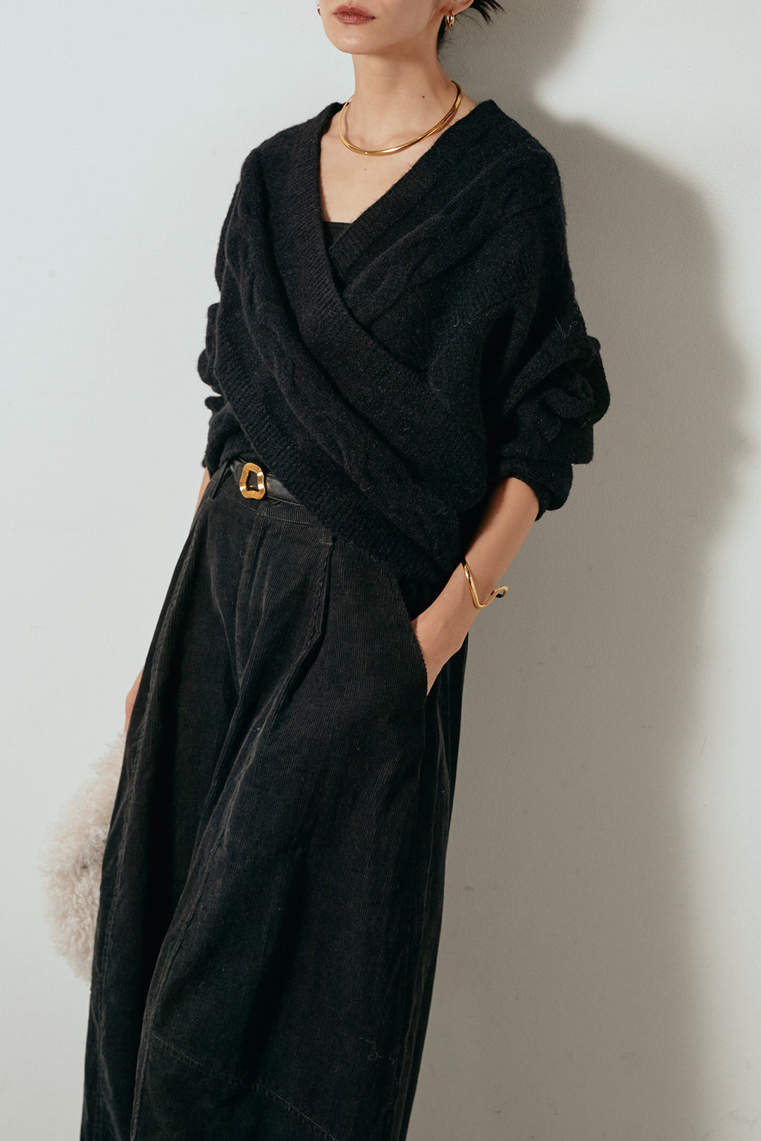 [SET]ケーブルカシュクールニットトップス+タック入りコーデュロイワイドパンツ(2set)