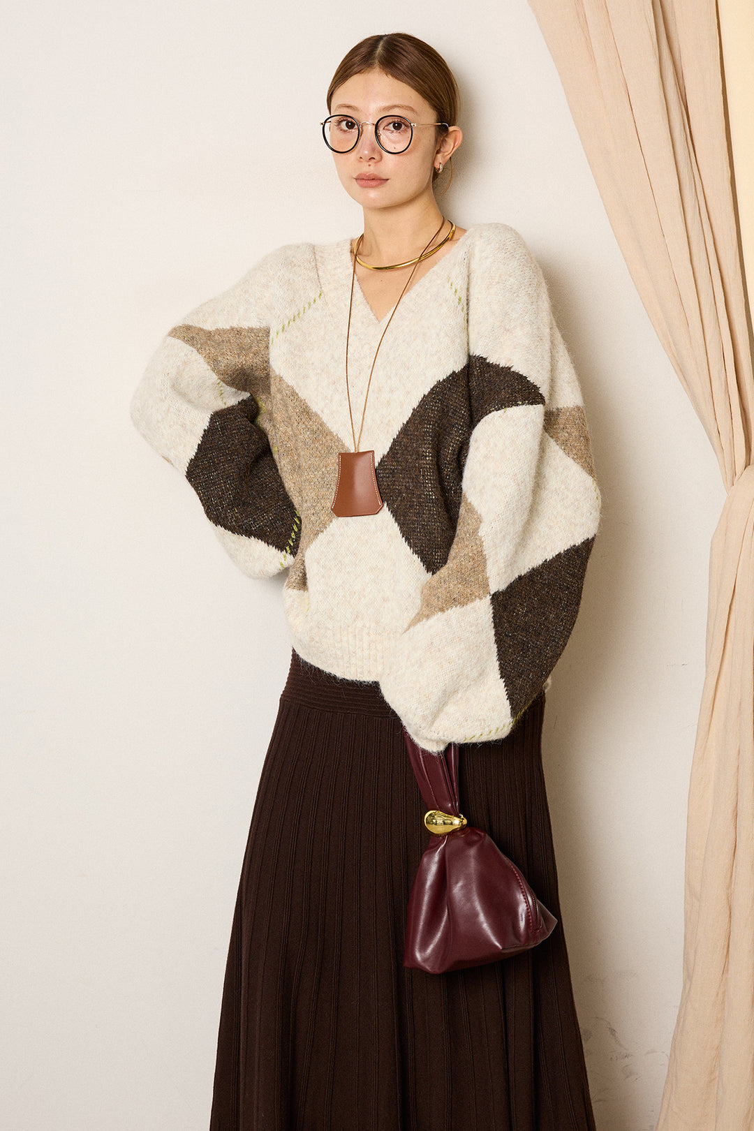 【着回しセット】[SET]ルーズアーガイルVネックニット+ルーズアーガイルVネックニット(2set)