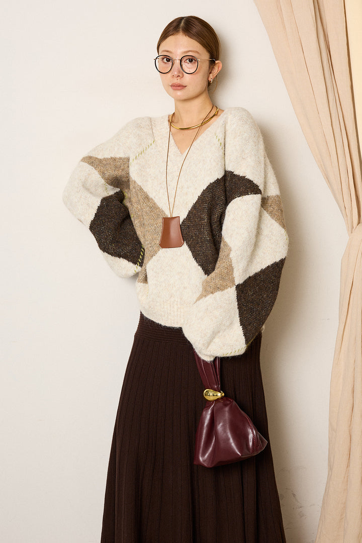 【着回しセット】[SET]ルーズアーガイルVネックニット+ルーズアーガイルVネックニット(2set)