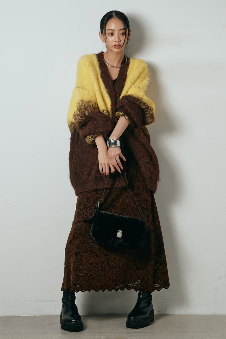 [SET]起毛グラデーションニットカーディガン+花柄刺繍ベロアフレアスカート(2set)