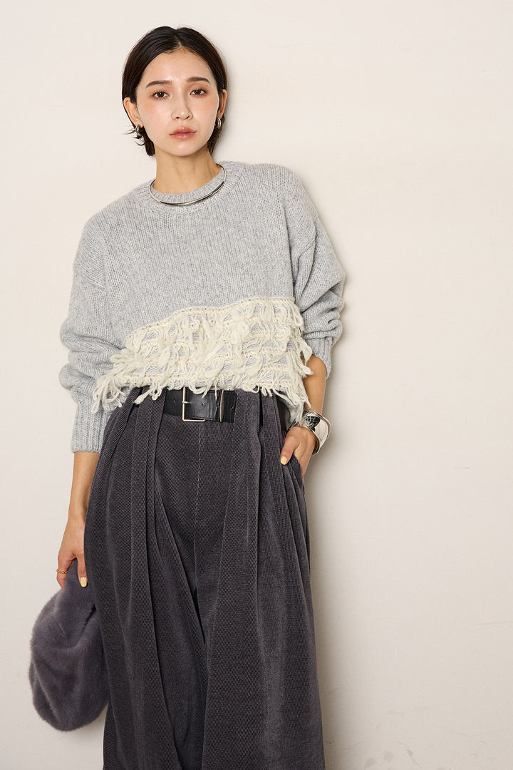 [SET]ループ編み切り替えニットプルオーバー+ベルトループコーデュロイワイドパンツ(2set)