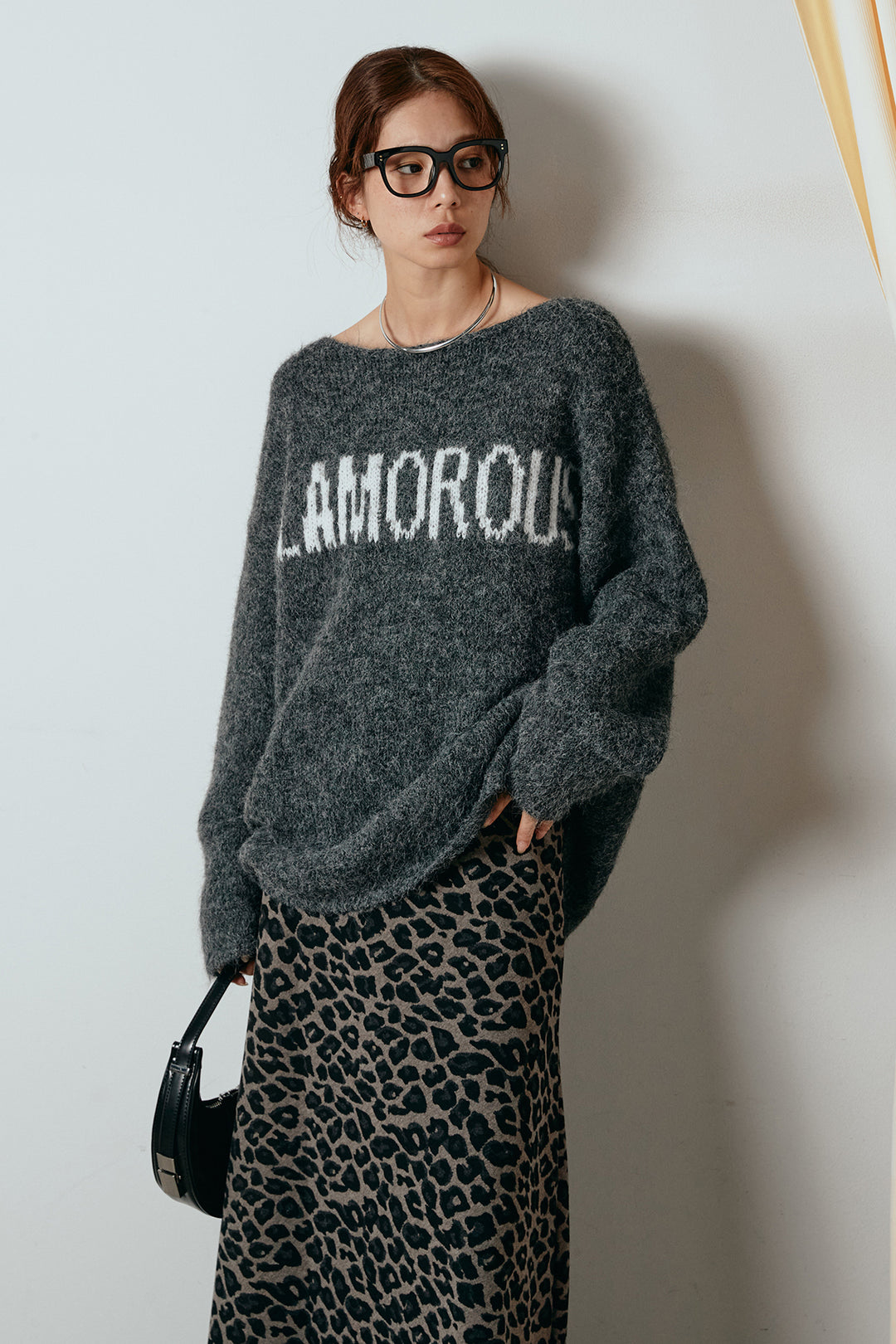 [SET]フロントロゴデザインニットトップス+レオパードロングスカート(2set)