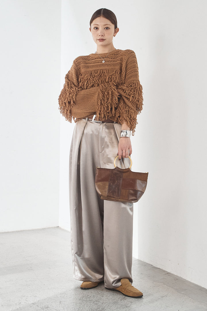 [SET]メッシュフリンジ切り替えプルオーバー+サテンタックワイドパンツ(2set)