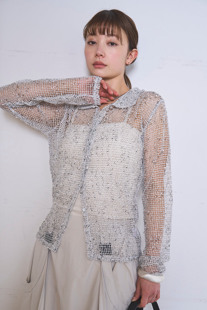 [SET]ネップメッシュポロ襟カーディガン+ラップレイヤードアシンメトリーデザインスカート(2set)