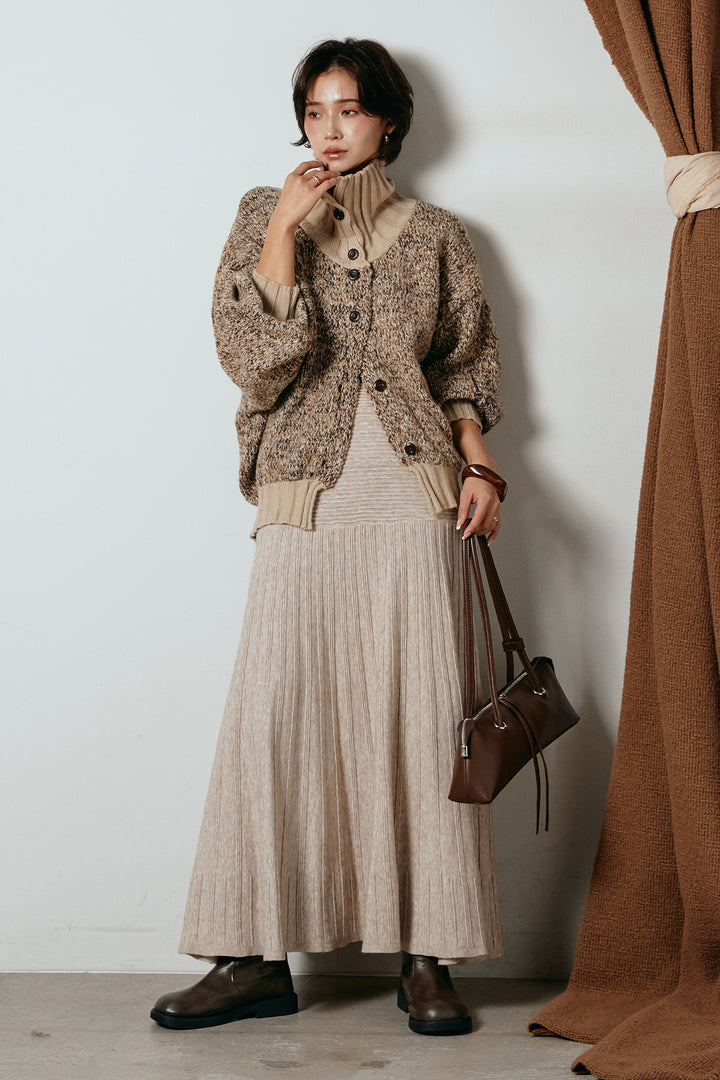 [SET]ハイネックミックスニットカーディガン+編み地切り替えフレアニットスカート(2set)