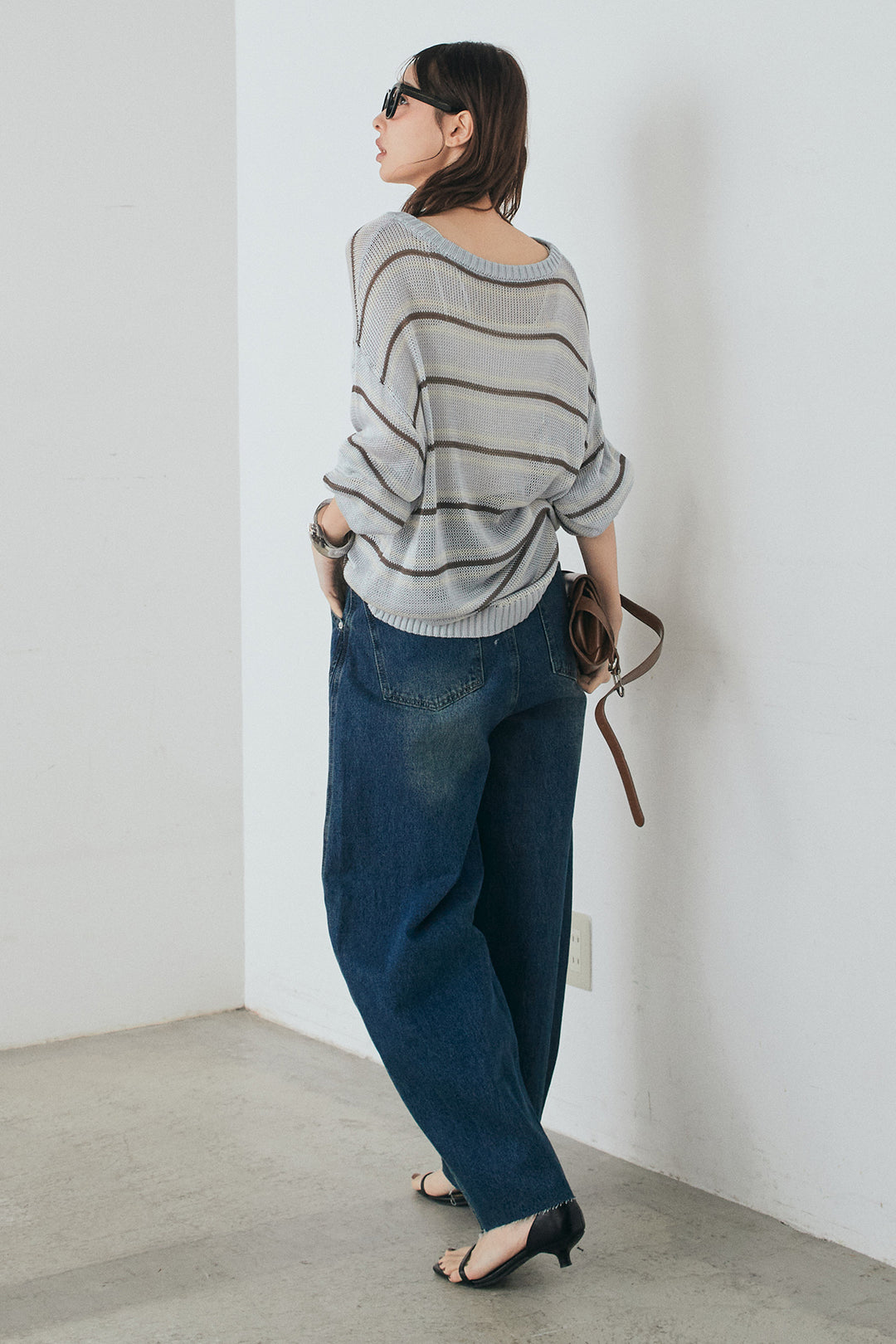 [SET]綿タッチVネックボーダートップス+デニムヨークパンツ(2set)